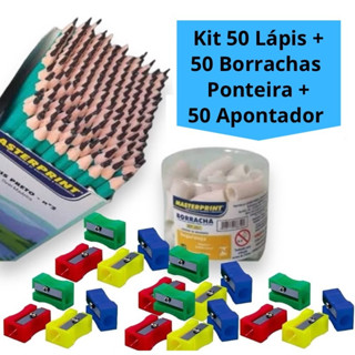 Kit 50 lápis de Escrever Nº2 Preto + 50 Borracha Ponteira Branca + 50 Apontador simples Escolar Escola Estudo em Oferta na Shopee