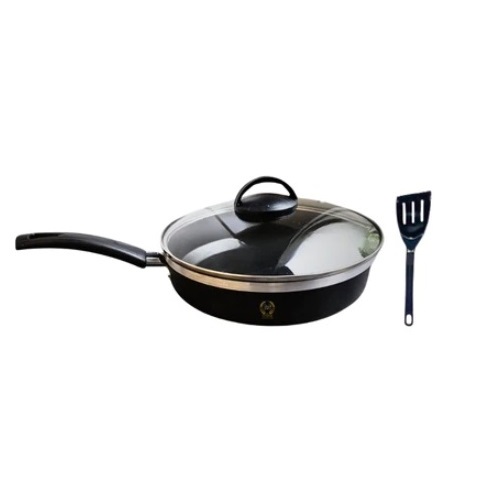 Imagem Frigideira Hera 22cm Cor Preta Alta Funda Antiaderente Teflon Tampa de Vidro Espátula Borda Premium