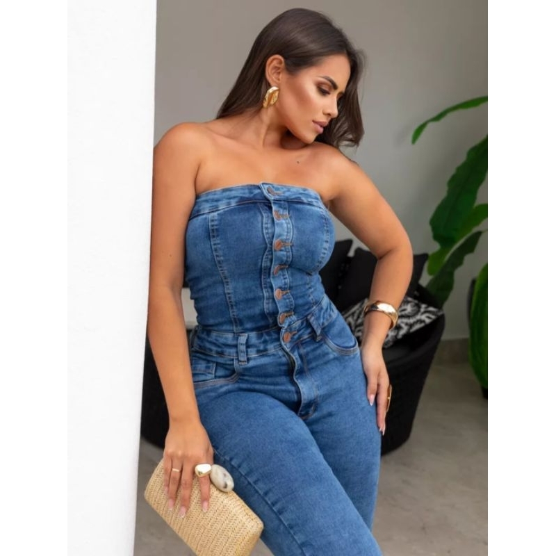 Macacão Tomara que Caia Longo Calça Skinny Jeans Feminina Empina Bumbum Tam 34/36