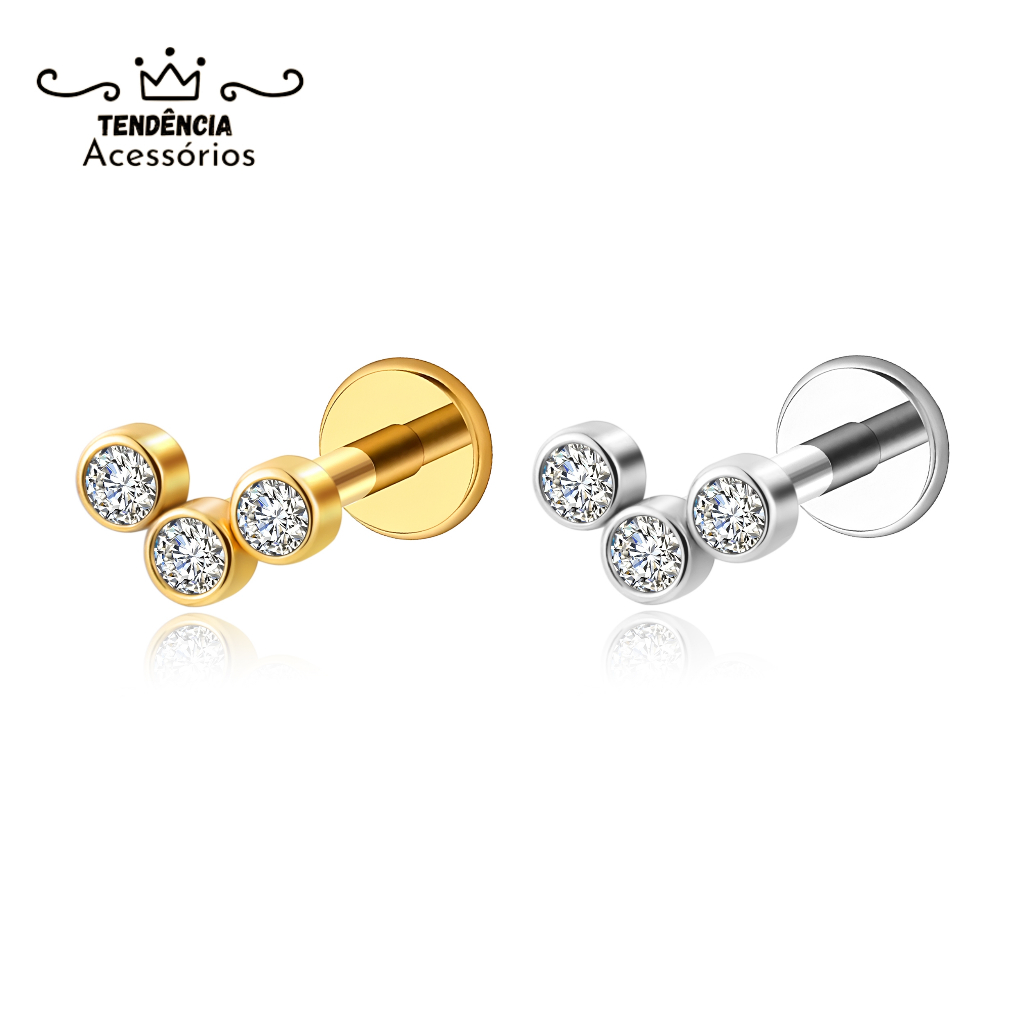 Piercing Helix Tragus Conch Boca-Medusa Labret Aço Cirúrgico Pvd Trio Zircônia em Oferta na Shopee