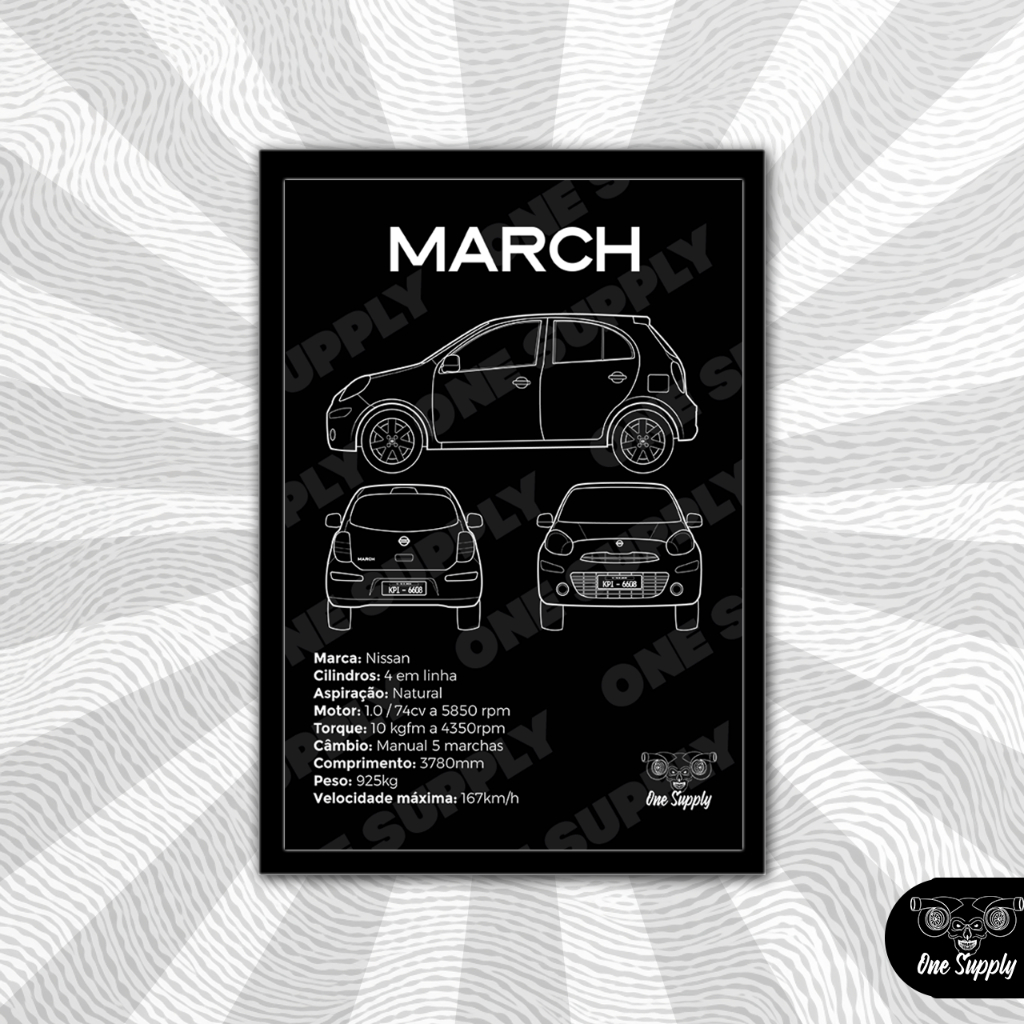 Quadro Decorativo Carro Nissan March 1.0 2012 Quadros 21x30cm (A4) com moldura e vidro