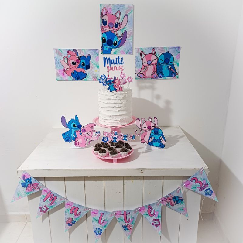 Kit Festa Lilo Stitch azul e Angel rosa Personalizado Só Um Bolinho Festa em Casa Aniversário Infantil adulto