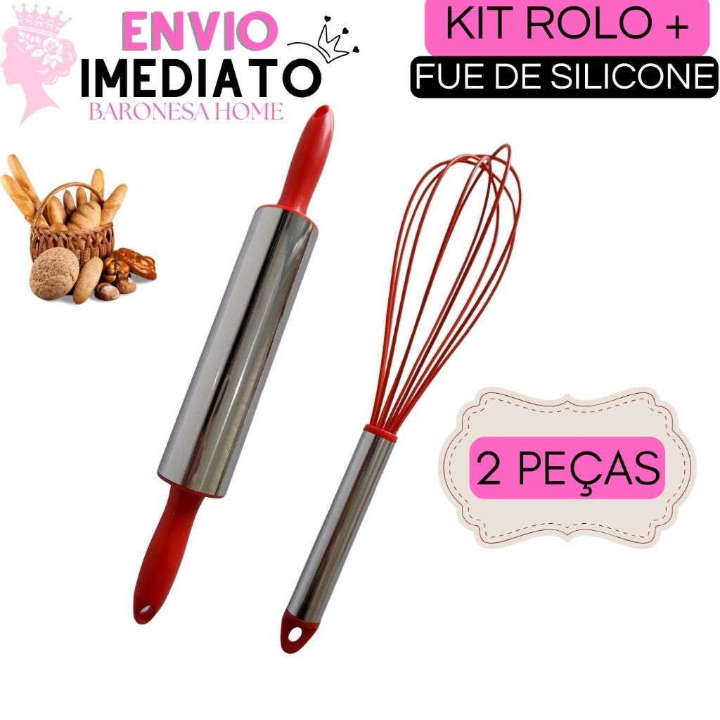 Kit Rolo De Massa + Fuê Batedor de Silicone Rolo De Massa Cilindro Para Pão Pizza Macarrão Fuê Batedor de Ovos Fouet