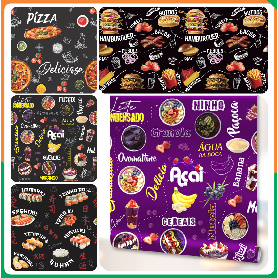 Papel de Parede Decorativo Loja de Açai Hamburgueria Comida Japonesa Lanchonete Fast Food e Pizzaria