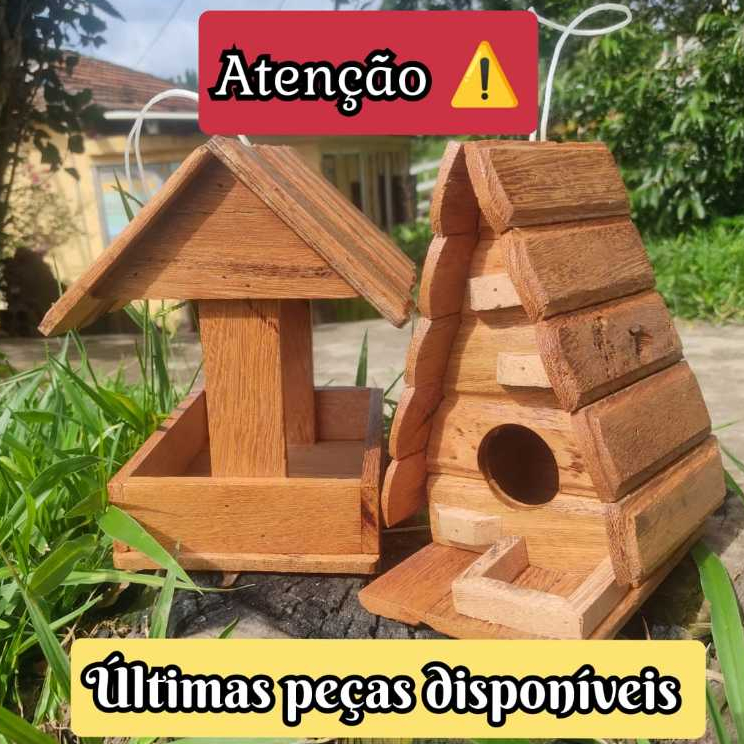 Kit Chalé e Comedouro para Passarinho Feitos de Madeira Angelim para Exterior