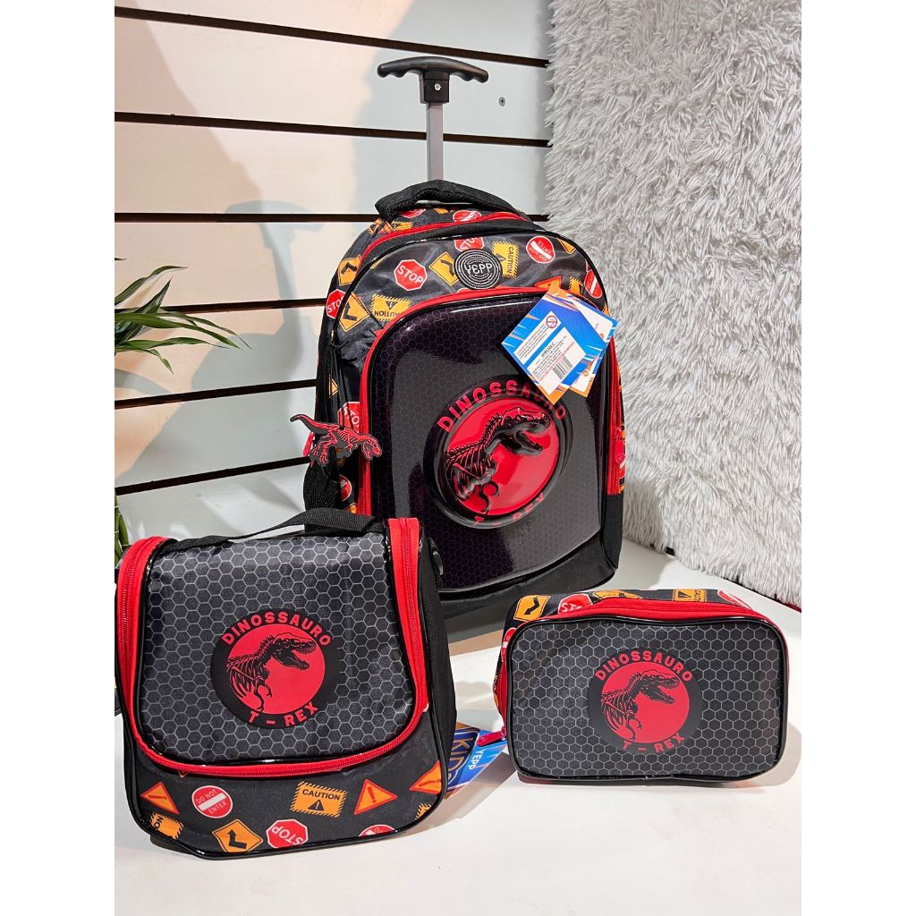 Mochila Infantil Menino Dinossauro Rodinha Escolar Grande Kit com Lancheira Térmica e Estojo Box