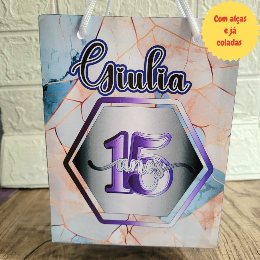 Sacolinha 15 anos Personalizada Tamanho G,Lilás,Bolsinha de Papel p/Debutantes,Neon,com Alças e Coladas