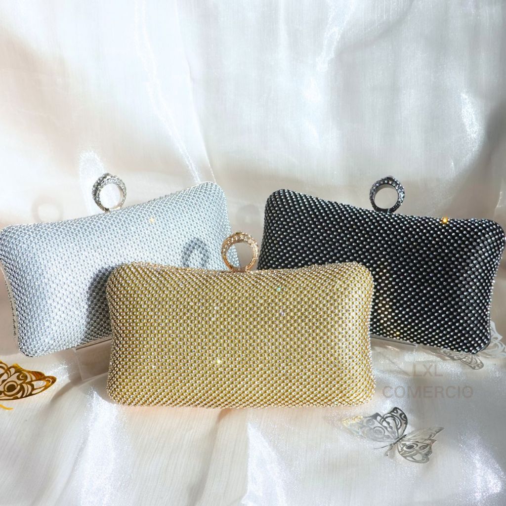 Bolsa Clutch Retangular com Fecho de Anel Cravejado de Strass – Dourado, Prateado e Preto WT-7736