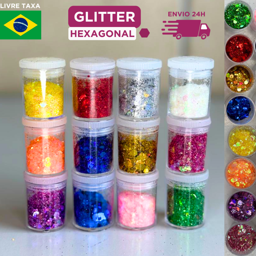 Kit 12 Glitter Flocado Hexagonal Holográfico várias cores importado resina epóxi artesanato unha diy