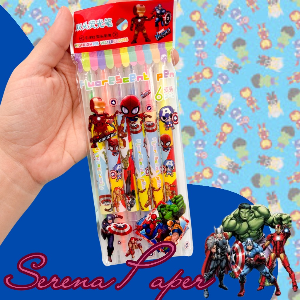 KIT MARCA TEXTO PONTA DUPLA VINGADORES COM 6 UNIDADES / PAPELARIA FOFA KAWAII / MATERIAL ESCOLAR