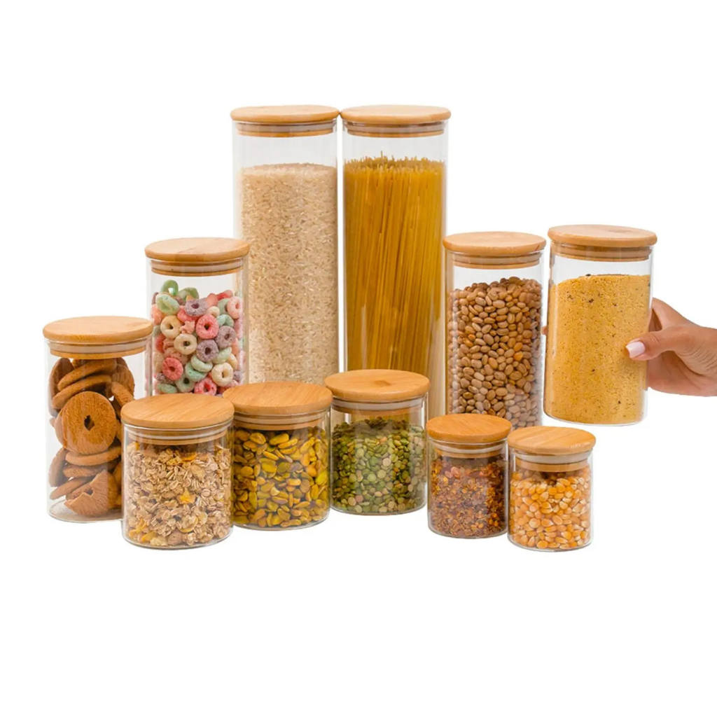 Kit Conjunto de Potes Herméticos De Vidro Com Tampa de Bambu