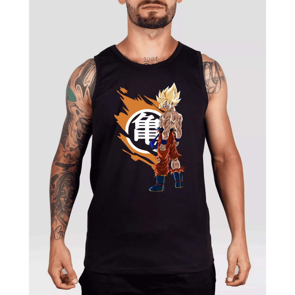 Camiseta Regata Son Goku Freeza SSJ1Japan Anime Desenho Filme Masculina Tecido Algodão Camisa Cavada Masculino