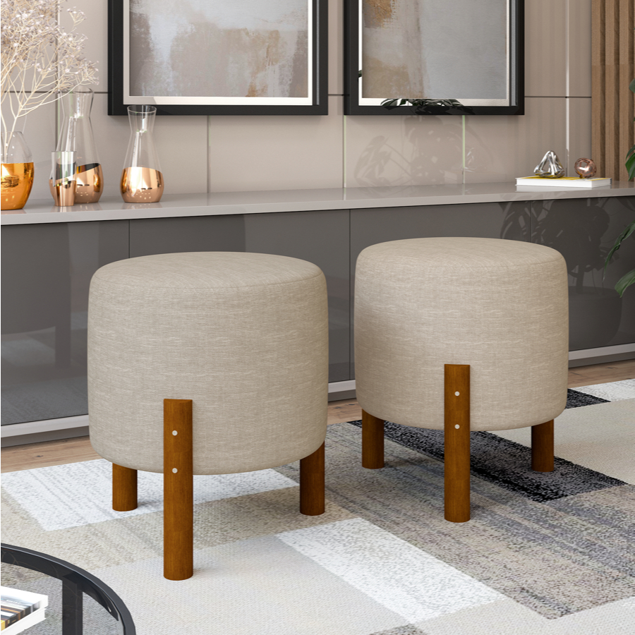 Kit 2 Puffs Redondo Decorativo Pés Madeira Maciça Estofado Linho Sala Quarto Decoração Oferta Cores