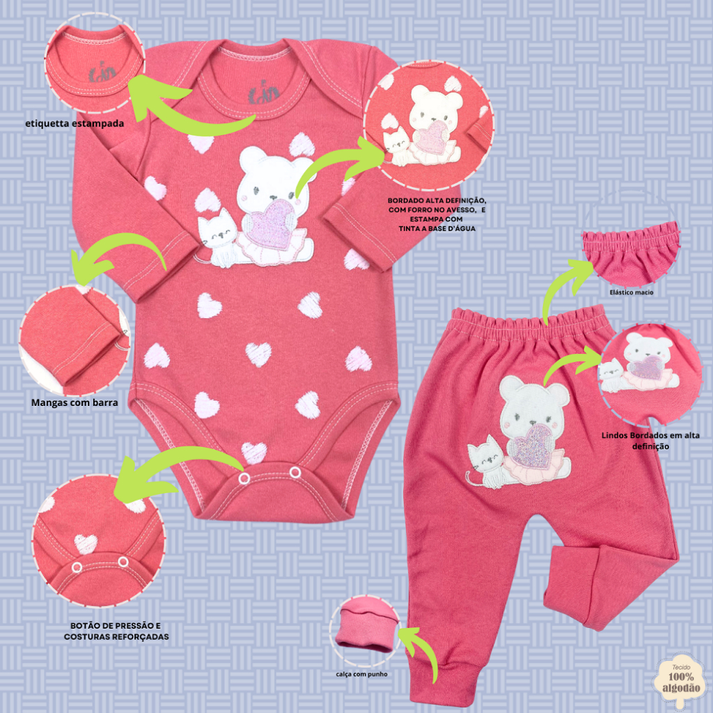 ROUPA DE BEBE CALÇA E BODY BORDADO E ESTAMPADO DE SUEDINE em Oferta na Shopee