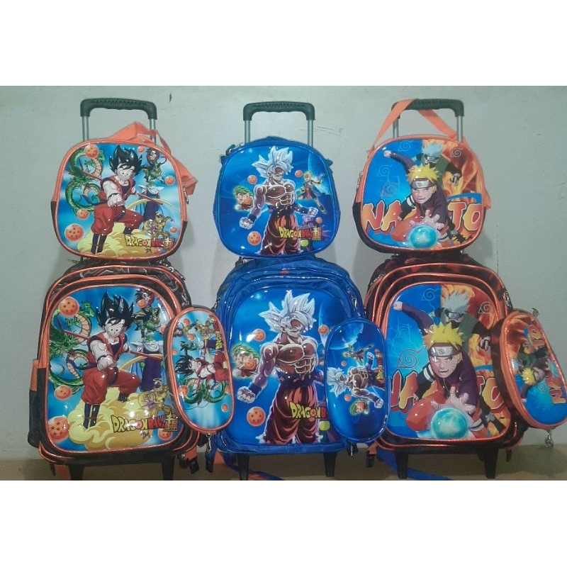 Mochila Naruto e Dragon Ball carrinho com rodinhas, lancheira térmica e estojo escolar infantil em Oferta na Shopee