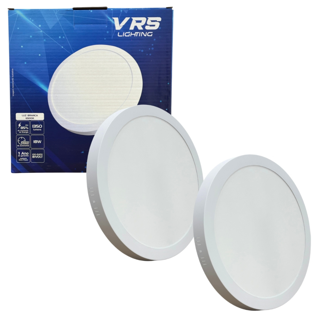 Kit 2 Luminaria Painel Plafon Sobrepor Bivolt Redondo Branco Frio LUZ BRANCA Led 18w - VRS
