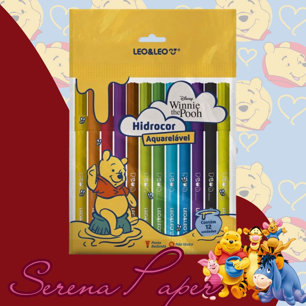 CANETA HIDROCOR AQUARELAVEL URSINHO POOH / CANETINHA / 12 CORES / LEO&LEO / PAPELARIA FOFA KAWAII