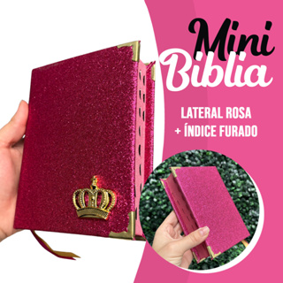 Mini Bíblia Feminina Infantil de Bolsa com índice Letra Pequena ARC Glitter Rosa Jovem Evangélica em Oferta na Shopee