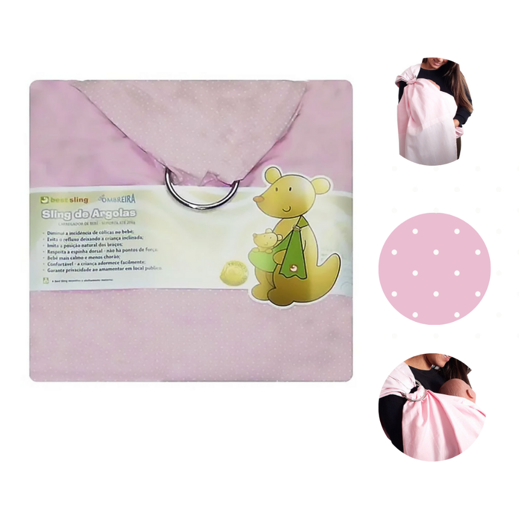Sling De Argolas Wrap Canguru Sling Bebe Maternidade Menina Rosa Poa Com Ombreira Suporta 20 kg