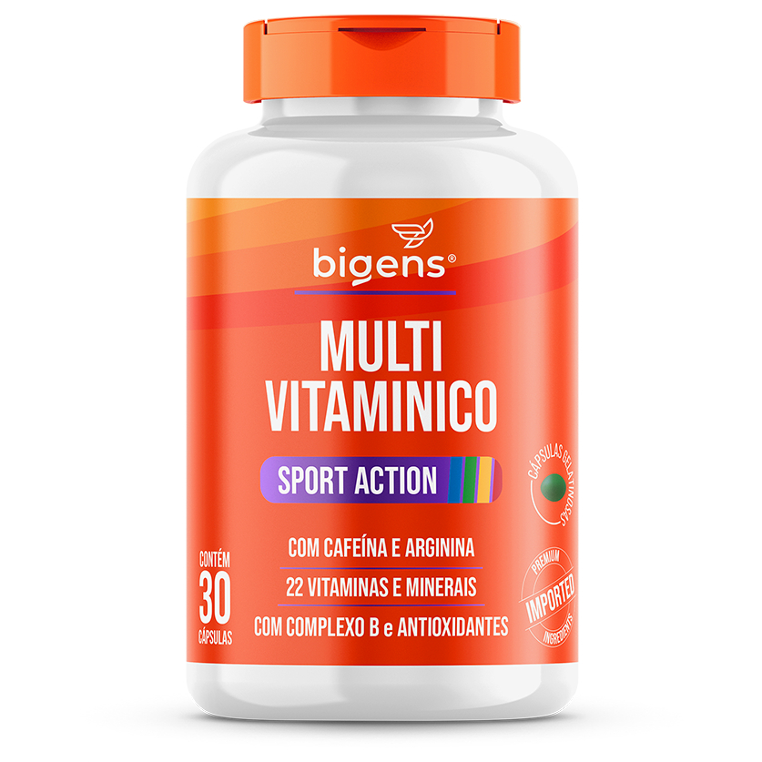 Multivitaminico Sport Action 🏋️ (22 Vitaminas e Minerais) com Cafeína e Arginina | 30 Cáps | Bigens em Oferta na Shopee