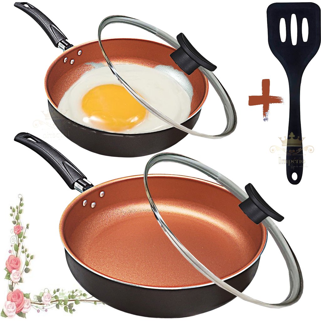 Kit 2 Frigideira Alta 24Cm e 18cm Preto Cobre Com Tampa De Vidro E Espátula Antiaderente 5...