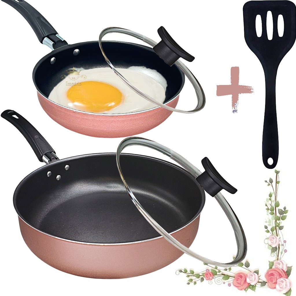 Kit 2 Frigideira Alta 24Cm e 18cm Rosa Com Tampa De Vidro E Espátula Antiaderente 5 Camadas Teflon Funda Grossa em Oferta na Shopee