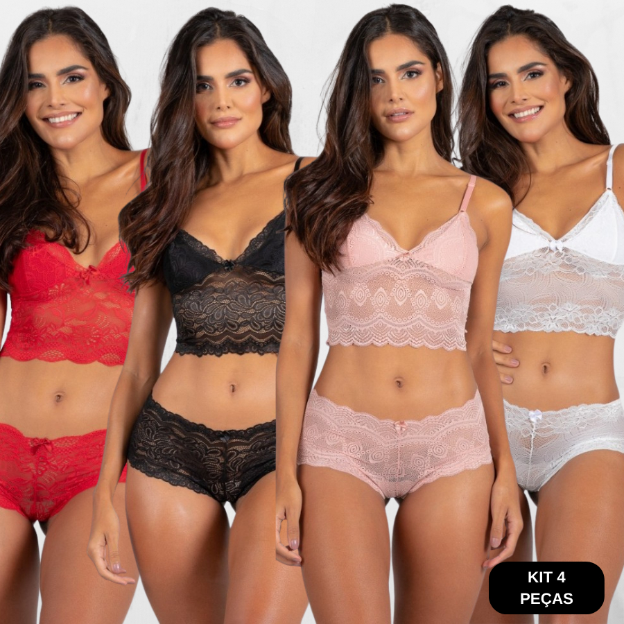 Kit 4 Conjunto Renda Espera Marido Sem Bojo Lingerie Feminino Sexy Short Doll Caleçon Cropped