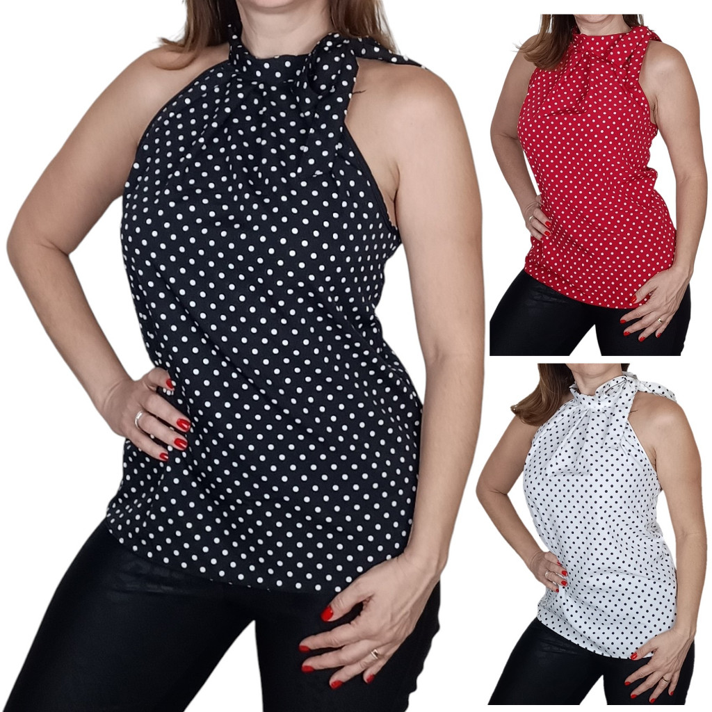 Blusa Feminina Laço no Pescoço Social Bolinha Poá Elegante em Crepinho Sem Mangas Fresquinha