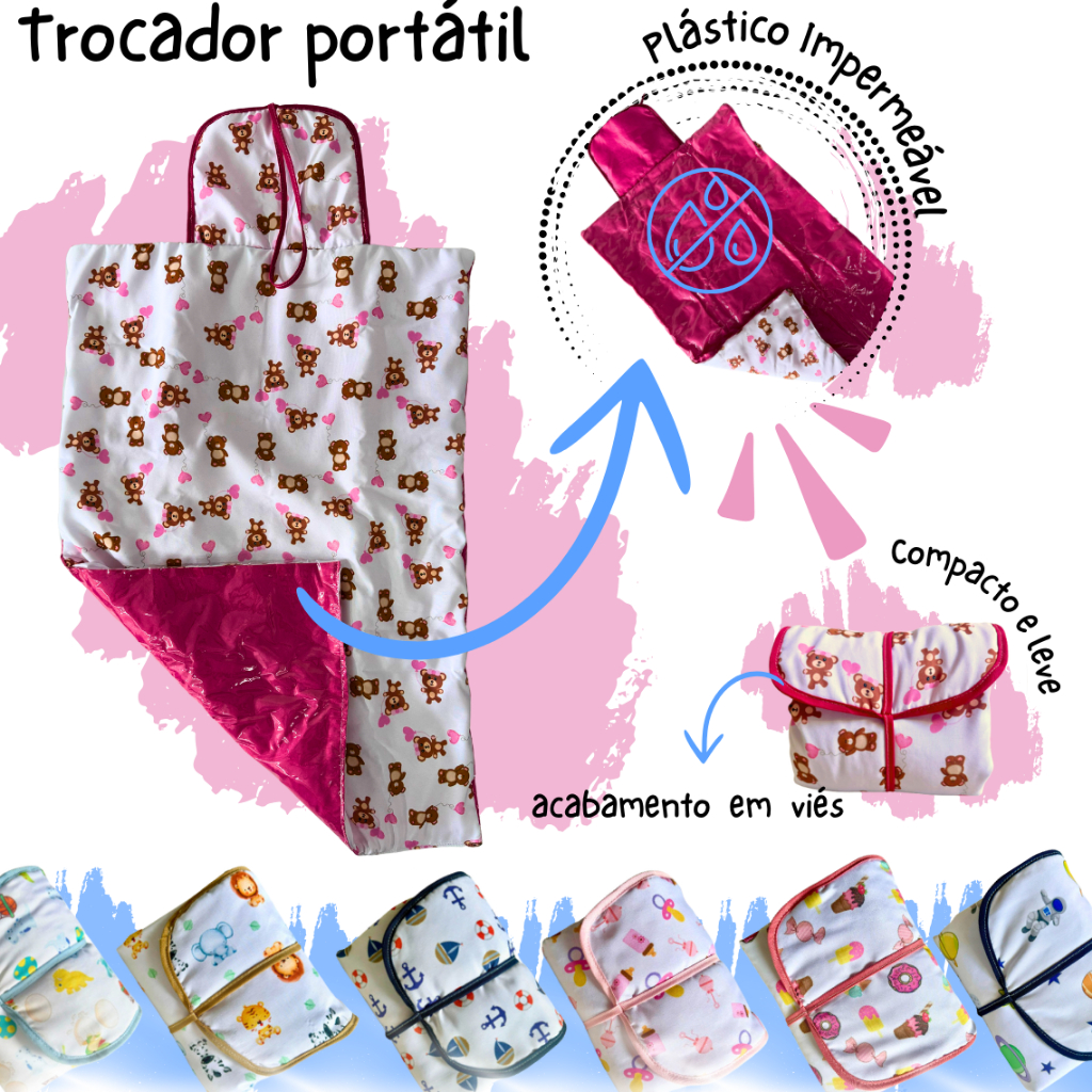 Trocador portátil impermeável 80 x 45 cm várias estampas dupla face dobrável lavável envio em 24h