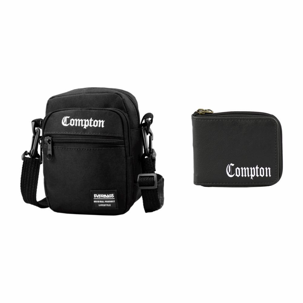 shoulderbag comptom preta + carteira ziper comptom preta