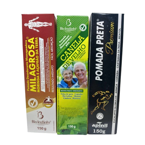 Kit 3 Pomadas Milagrosa, Pomada Preta e Pomada Canela de Velho 150g (bio)