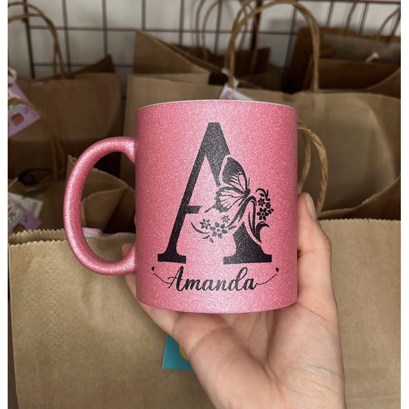 Caneca Cerâmica revestida em glitter Rosa PERSONALIZADA NOME FRASE sublimação estampa presente