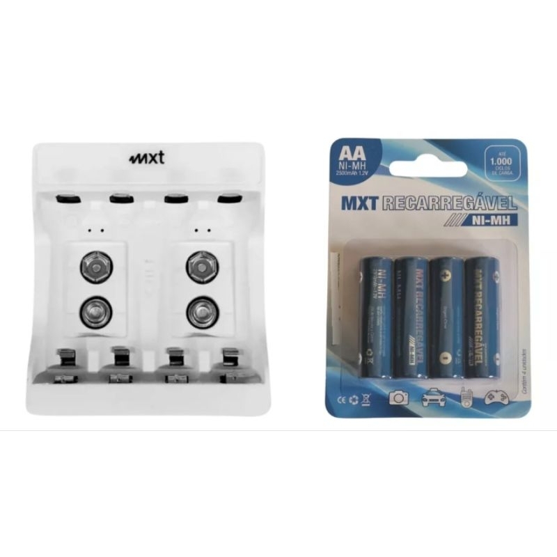 kit 4 Pilhas Recarregáveis + Carregador de Pilhas Portátil Mxt