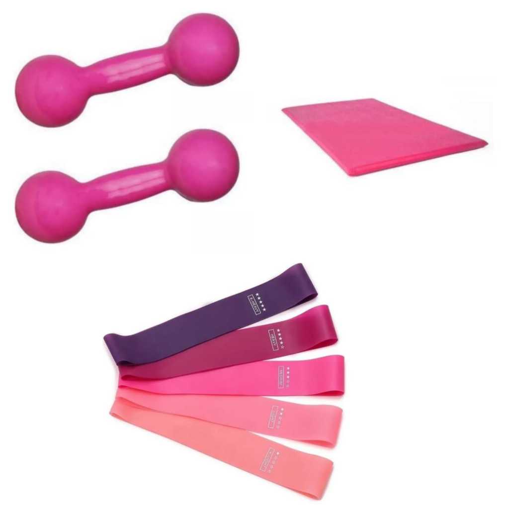 Kit Fitness Caseiro: Halter Redondo Rosa 2kg + Colchonete + Elástico
