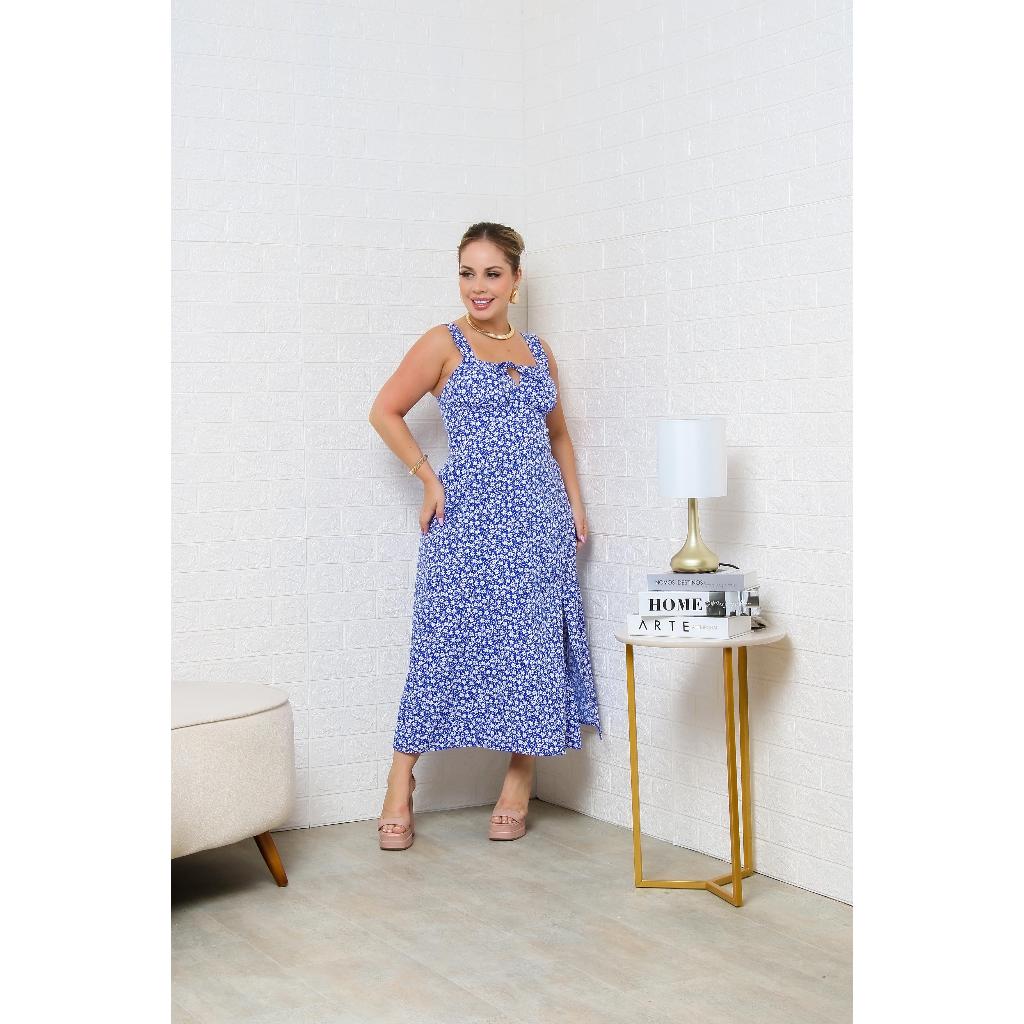 Vestido Feminino Midi Alça Regata com Fenda e Elastex nas Costas com Forro  - Moda Casual