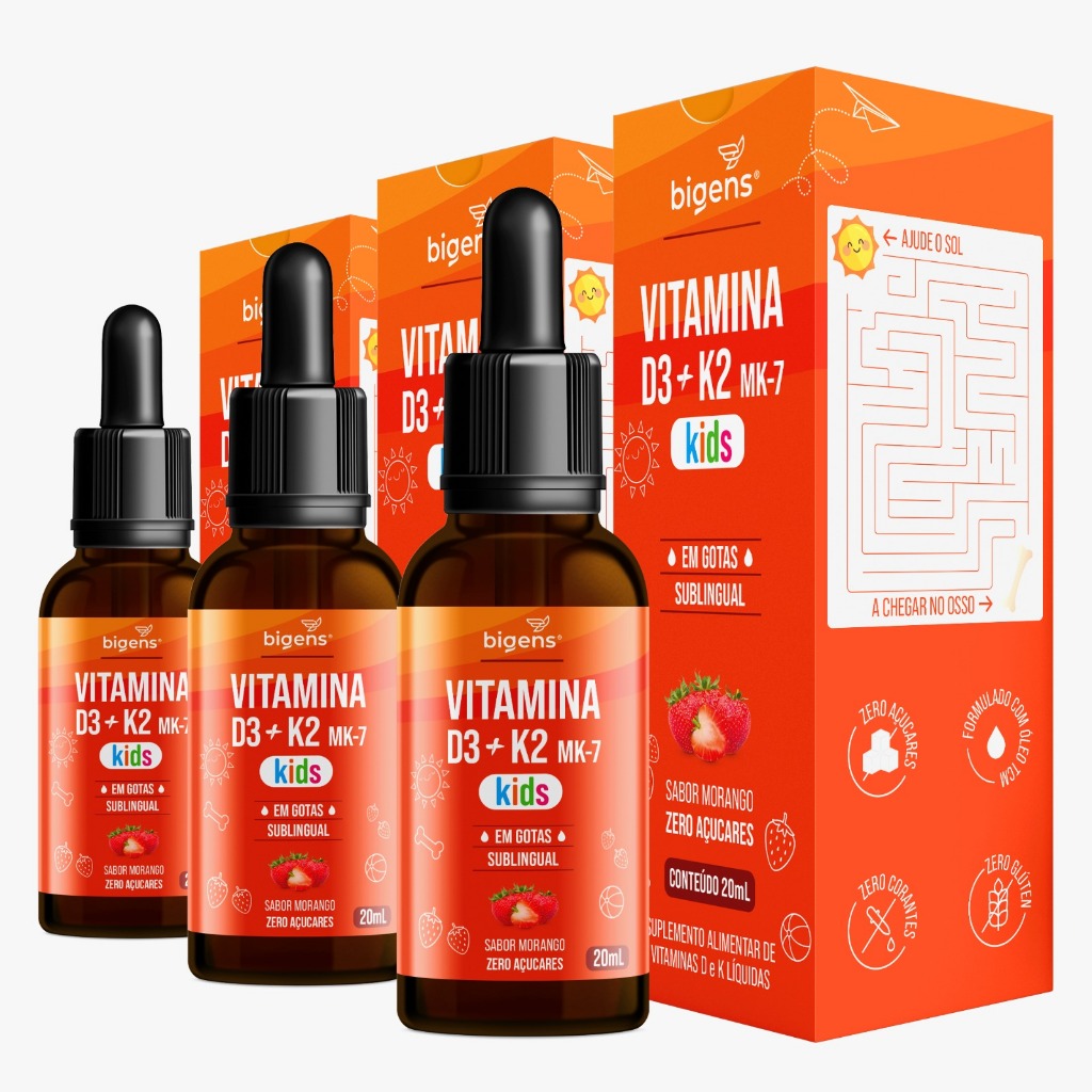 BIGENS KIT 3X VITAMINA D3+K2 MK7 KIDS FRUTAS VERMELHAS 20ML BIOGENS em Oferta na Shopee