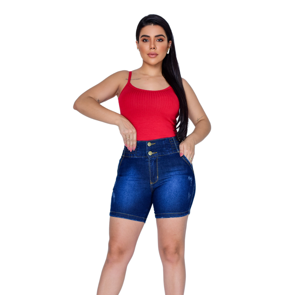 Short Feminino Jeans Levanta Bumbum Com Elastano Elástico no Cós Cintura Alta Bermuda Meia Coxa