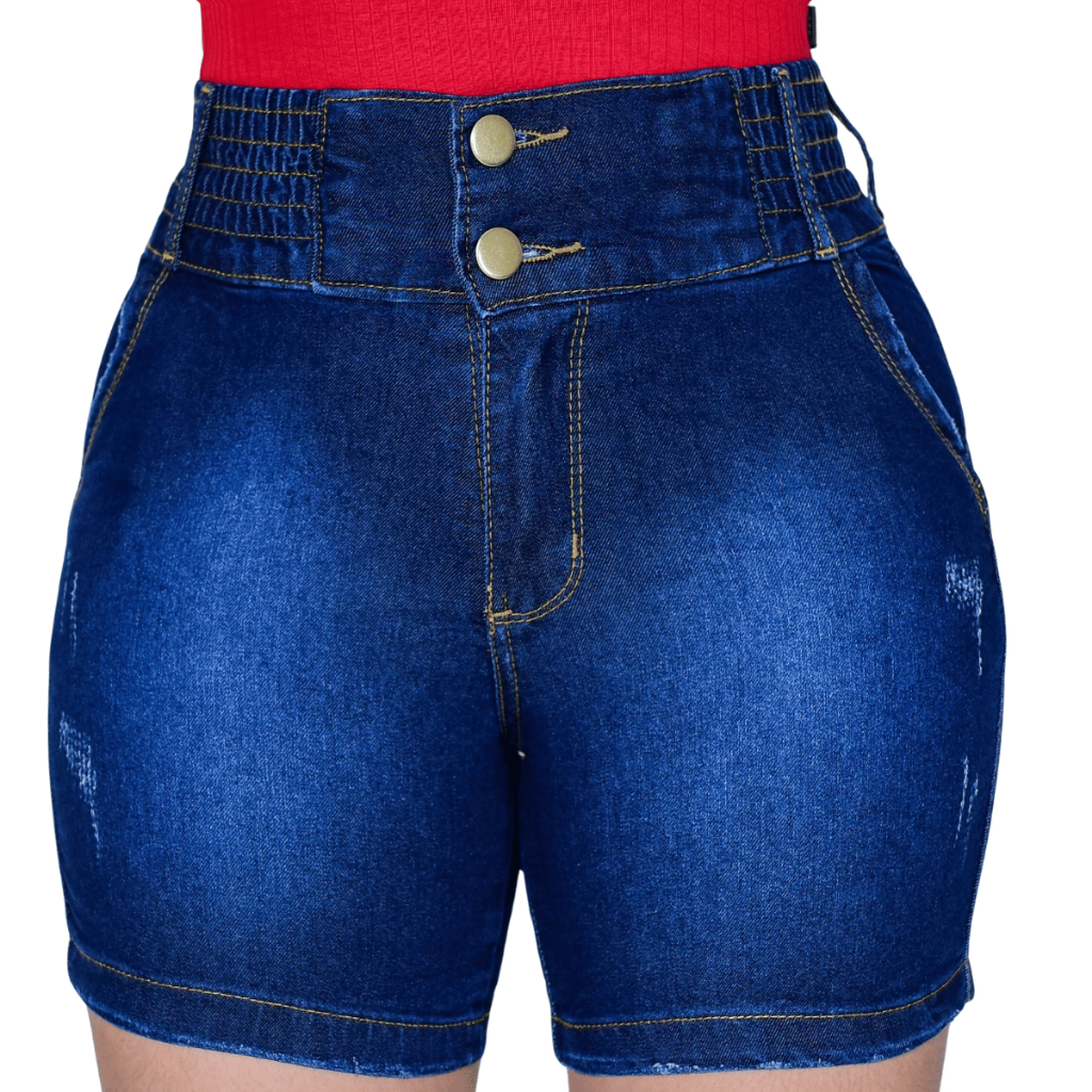 Short Jeans Feminino Levanta Bumbum Com Elastano Elástico no Cós Cintura Alta Bermuda Meia Coxa