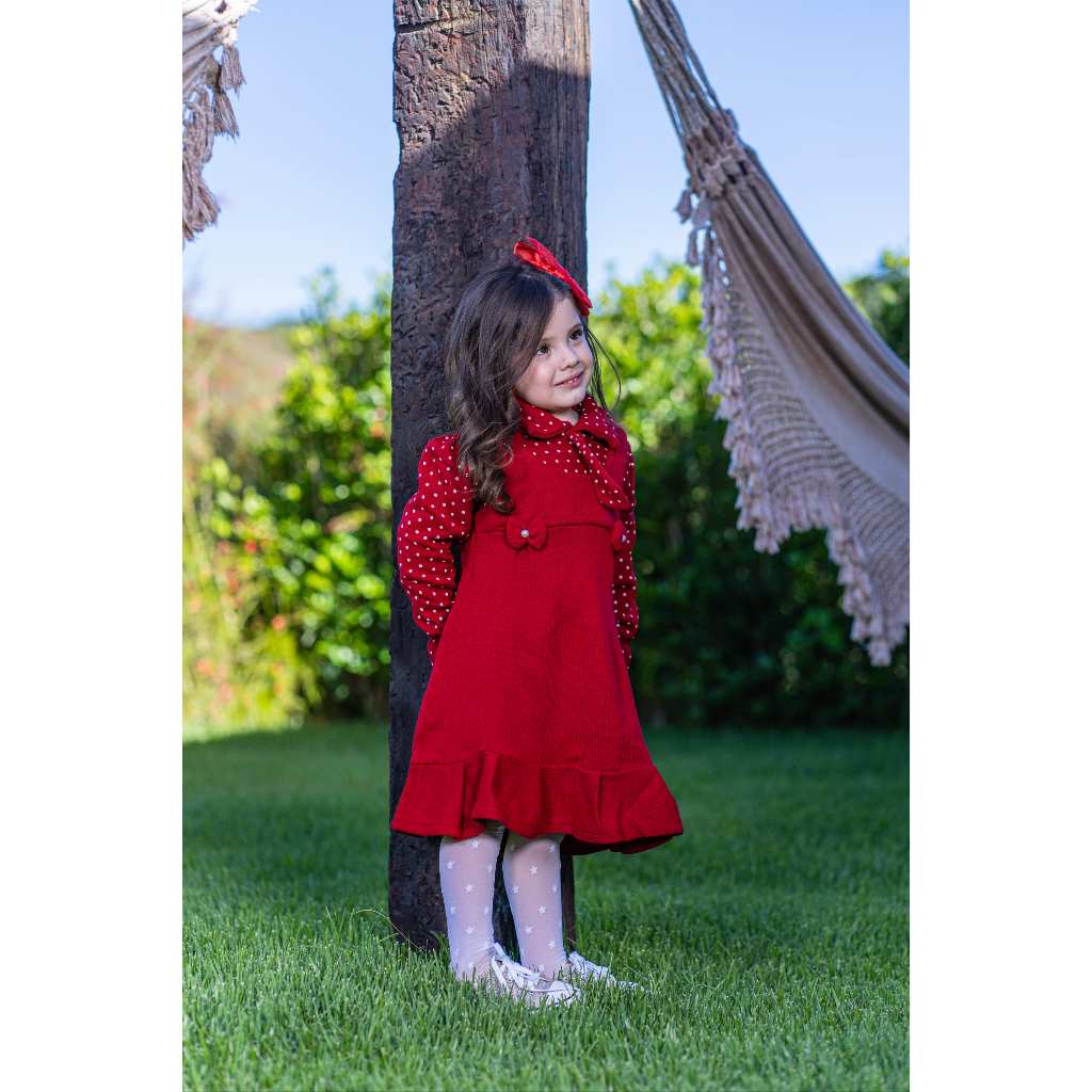 Vestido Jardineira Infantil Tricot Roupa para Meninas Estilosas com Manga Longa, Bolinhas e Lacinhos