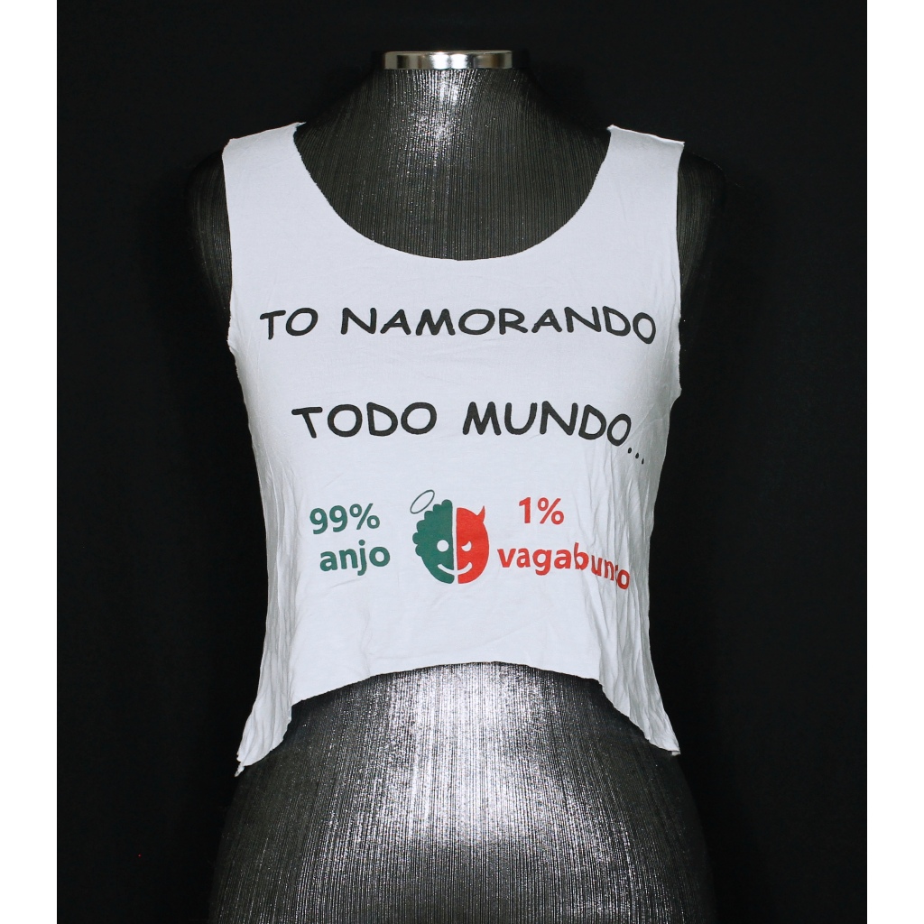 Blusa cropped regata feminina branca frase carnaval - Veste P - Ref. 3626 (brechó)