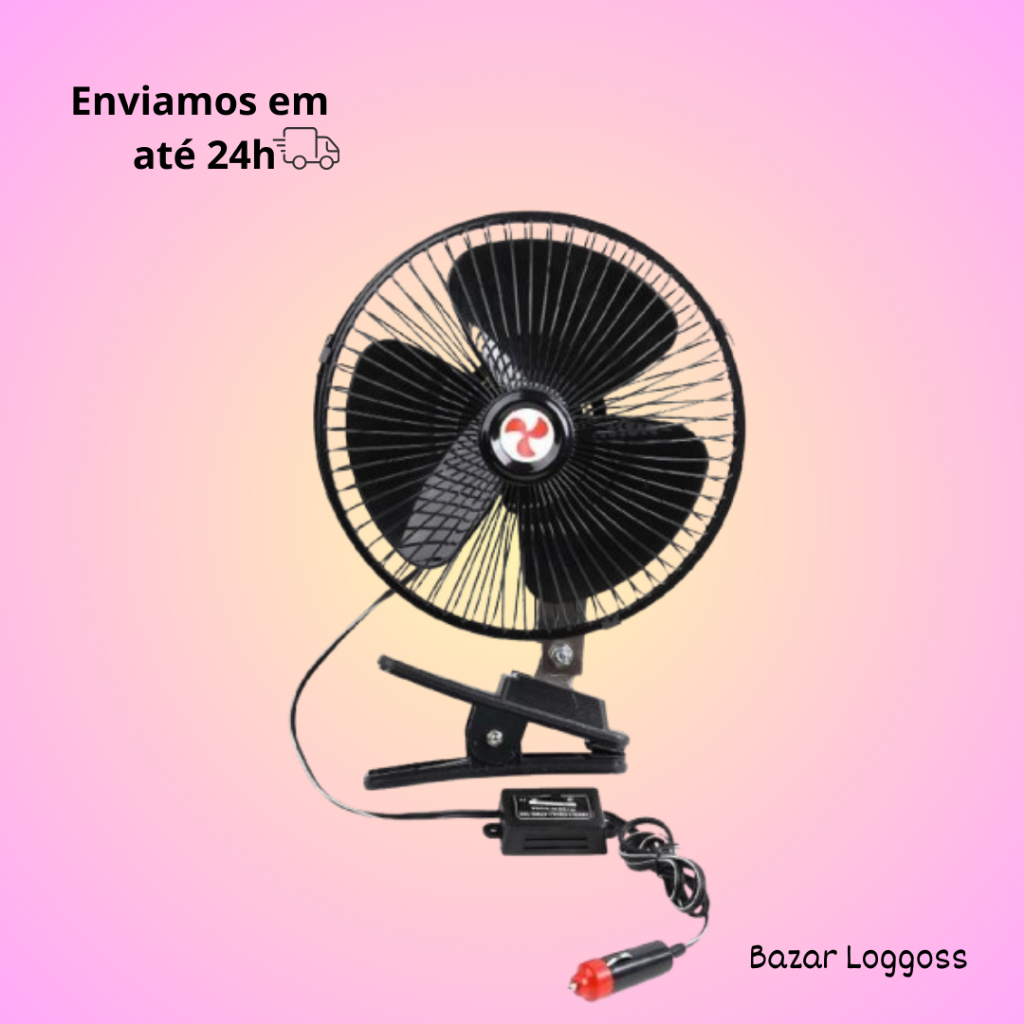 Ventilador Automotivo Preto 12V com 8 Polegadas