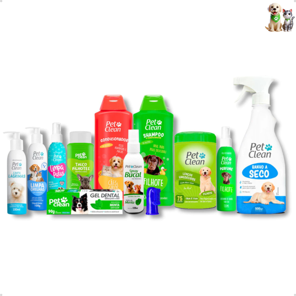 Kit Higiene e Banho Completo Para Cães E Gatos Filhotes Pet Clean Cuidados com o Pelo e Saúde Bucal