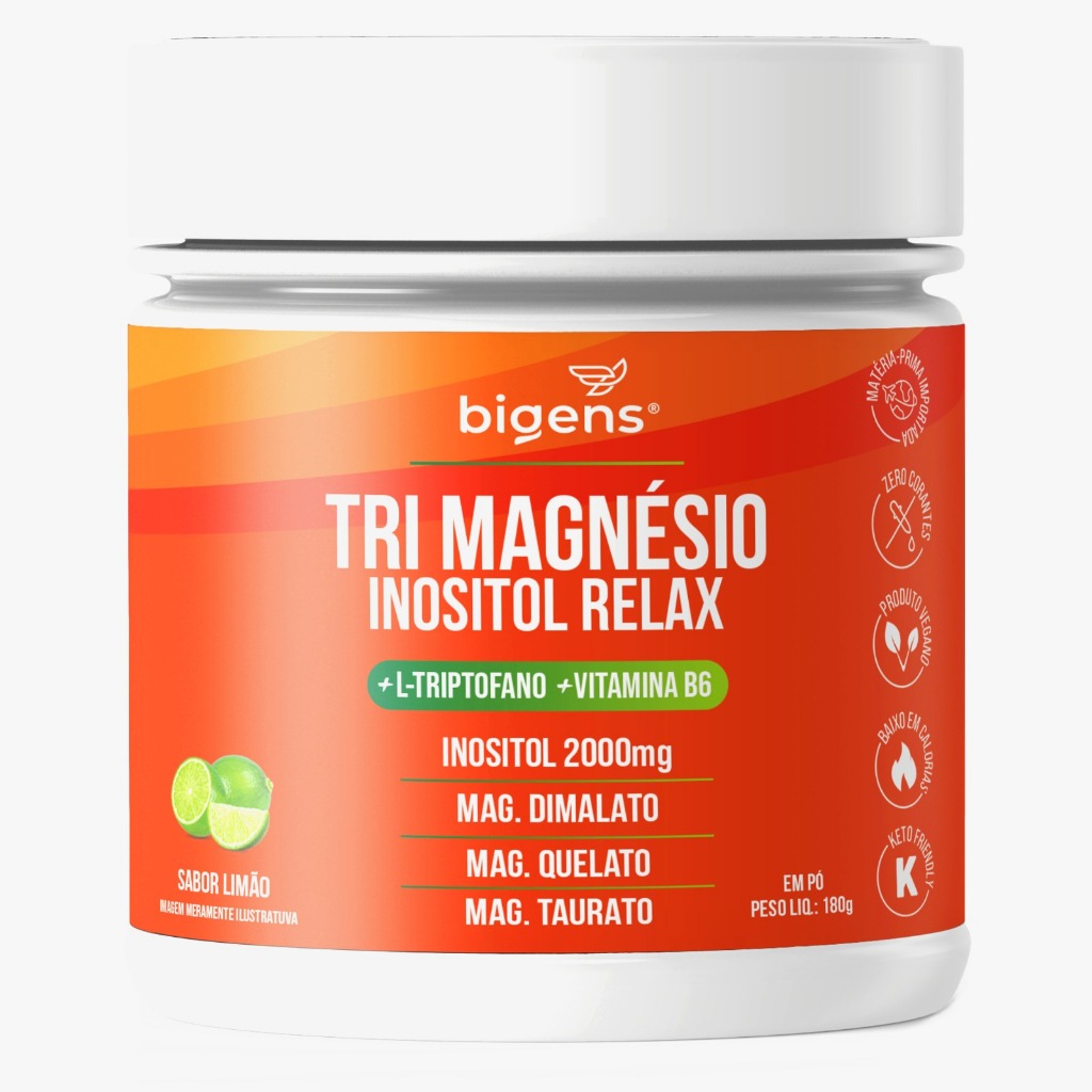 Tri Magnésio (dimalato, quelato, taurato) Inositol Relax, 180g, Bigens (Limão) em Oferta na Shopee