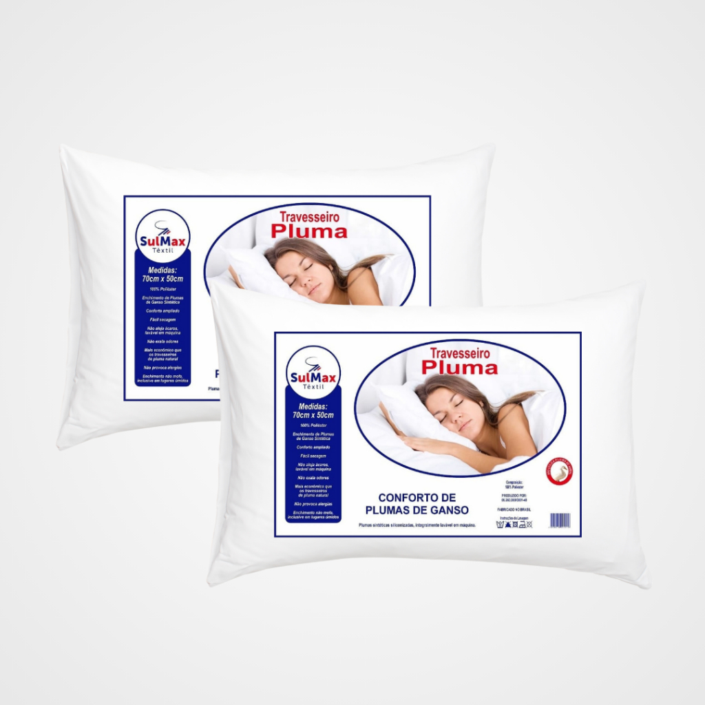Kit 2 Travesseiro Pluma de Ganso Ultra Macio Confortavel Descanso Antiacaro 70x50cm