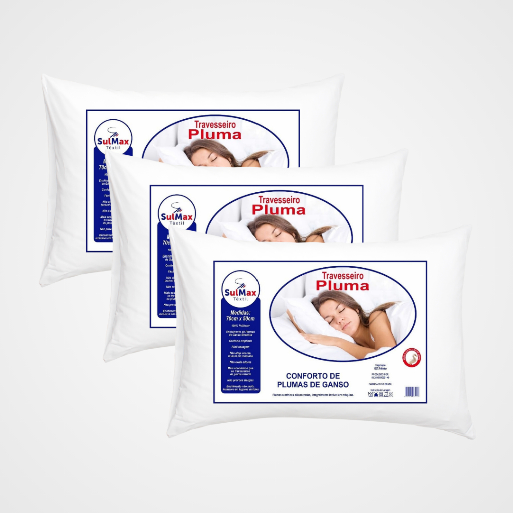 Kit 3 Travesseiro Pluma de Ganso Ultra Macio Confortavel Descanso Antiacaro 70x50cm