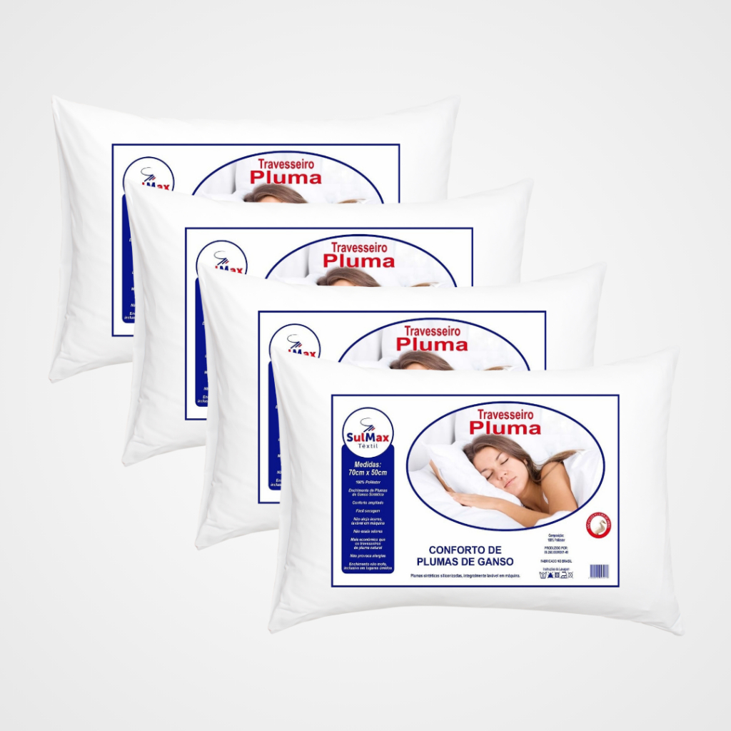 Kit 4 Travesseiro Pluma de Ganso Ultra Macio Confortavel Descanso Antiacaro 70x50cm