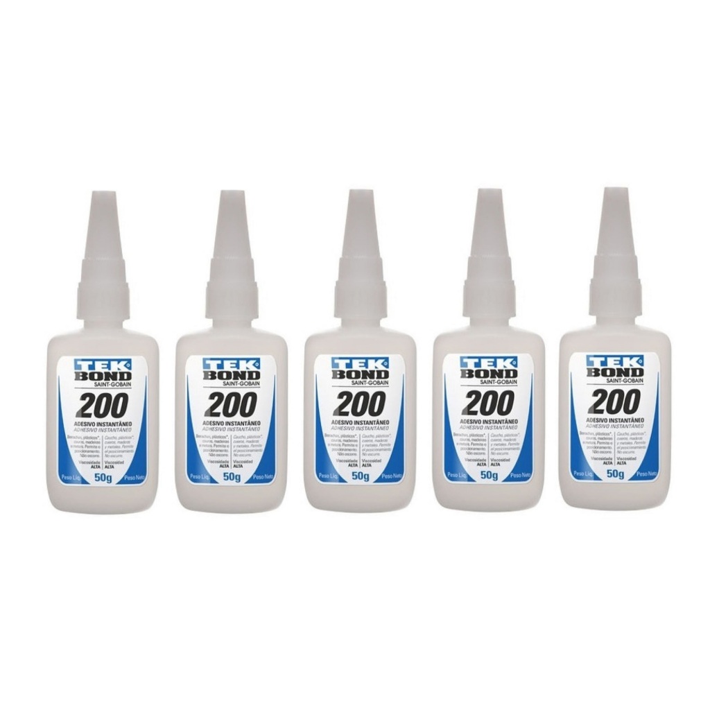 Kit 5 Cola Adesivo Instantâneo Tekbond 200 Alta Viscosidade 100g Super Bond Fixação Rápida Conserte