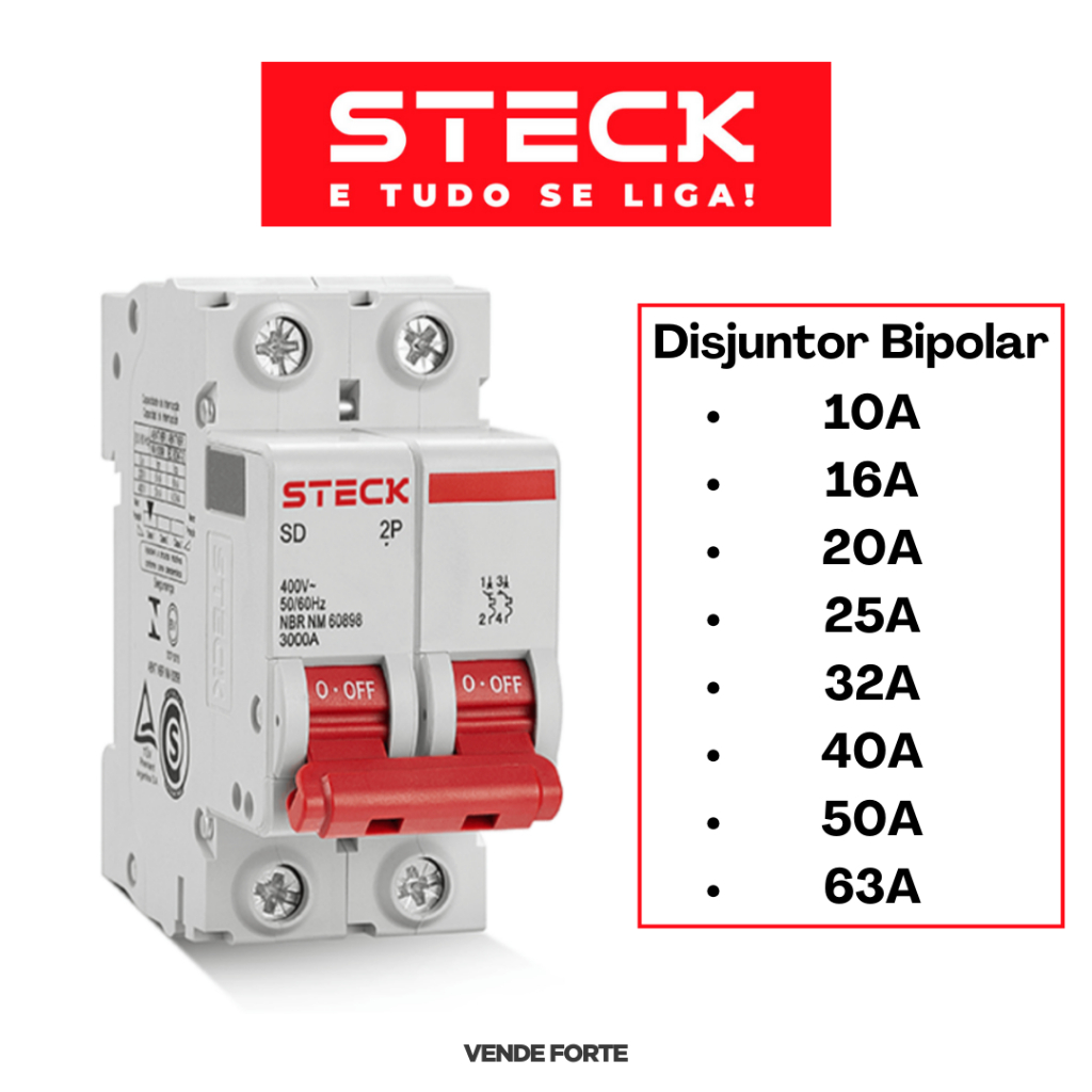 Disjuntor Steck Curva C Bipolar 10a, 16a, 20a, 25a, 32a, 40a, 50a e 63a