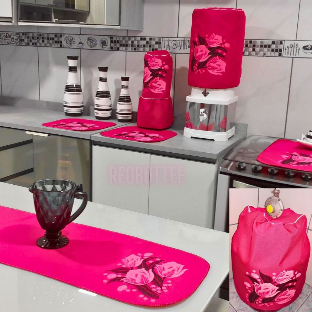 Kit Cozinha 7 Peças Decoração Copa Casa Estampado Tecido Oxford Capa Liquidificador Bujão Air Fryer