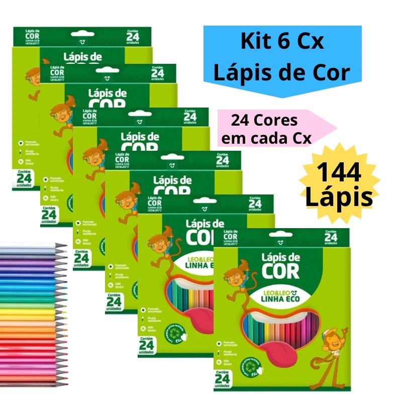Kit 6 Caixas de Lápis de Cor Caixa com 24 Cores Escolar Sextavado Leo&Leo